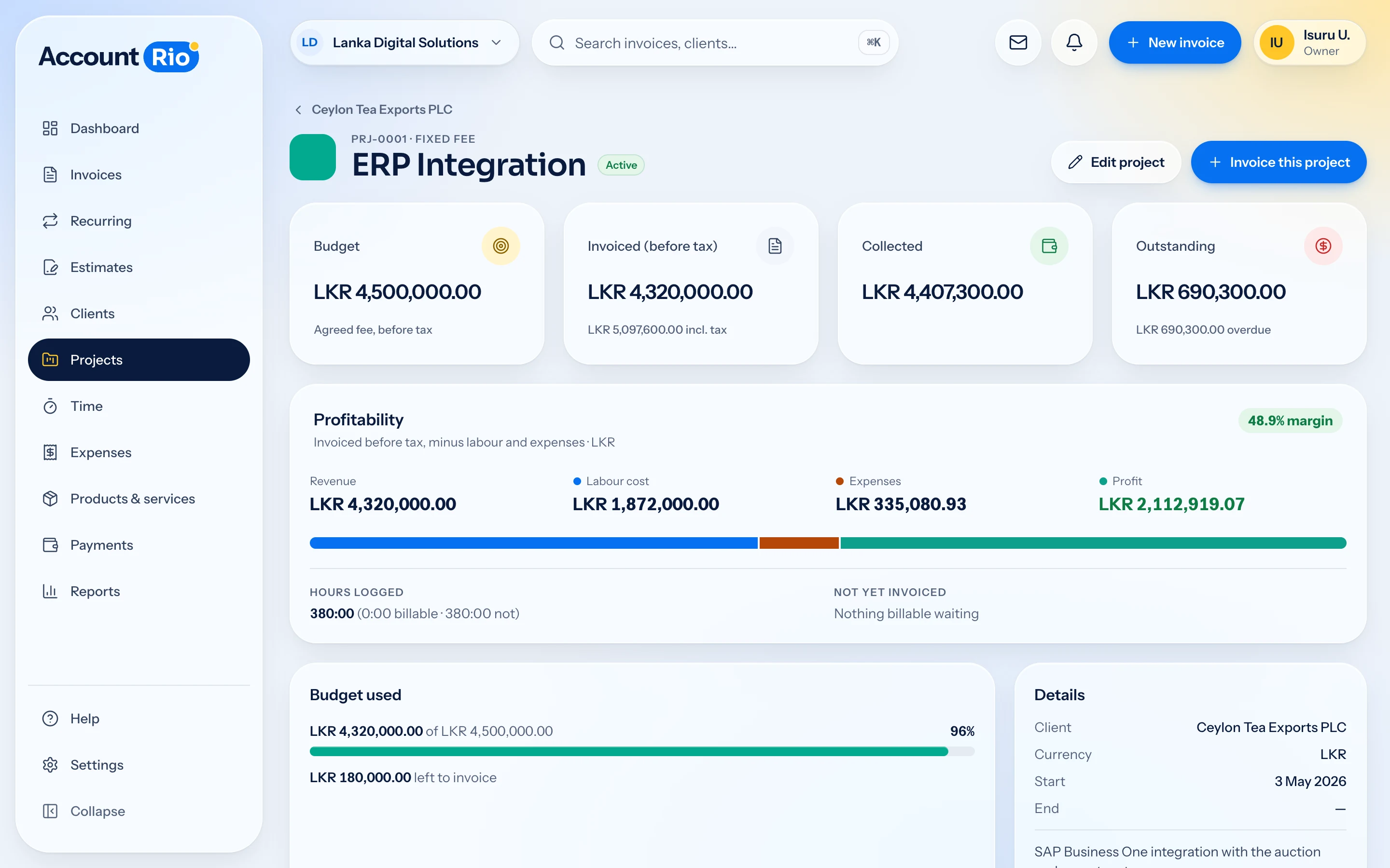 A project in AccountRio showing budget, revenue, labour cost, expenses and a 48.9% margin